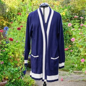Lety Me NWT Kendall Double Pocket Duster Cardigan: Navy Cardigan w/Cream trim